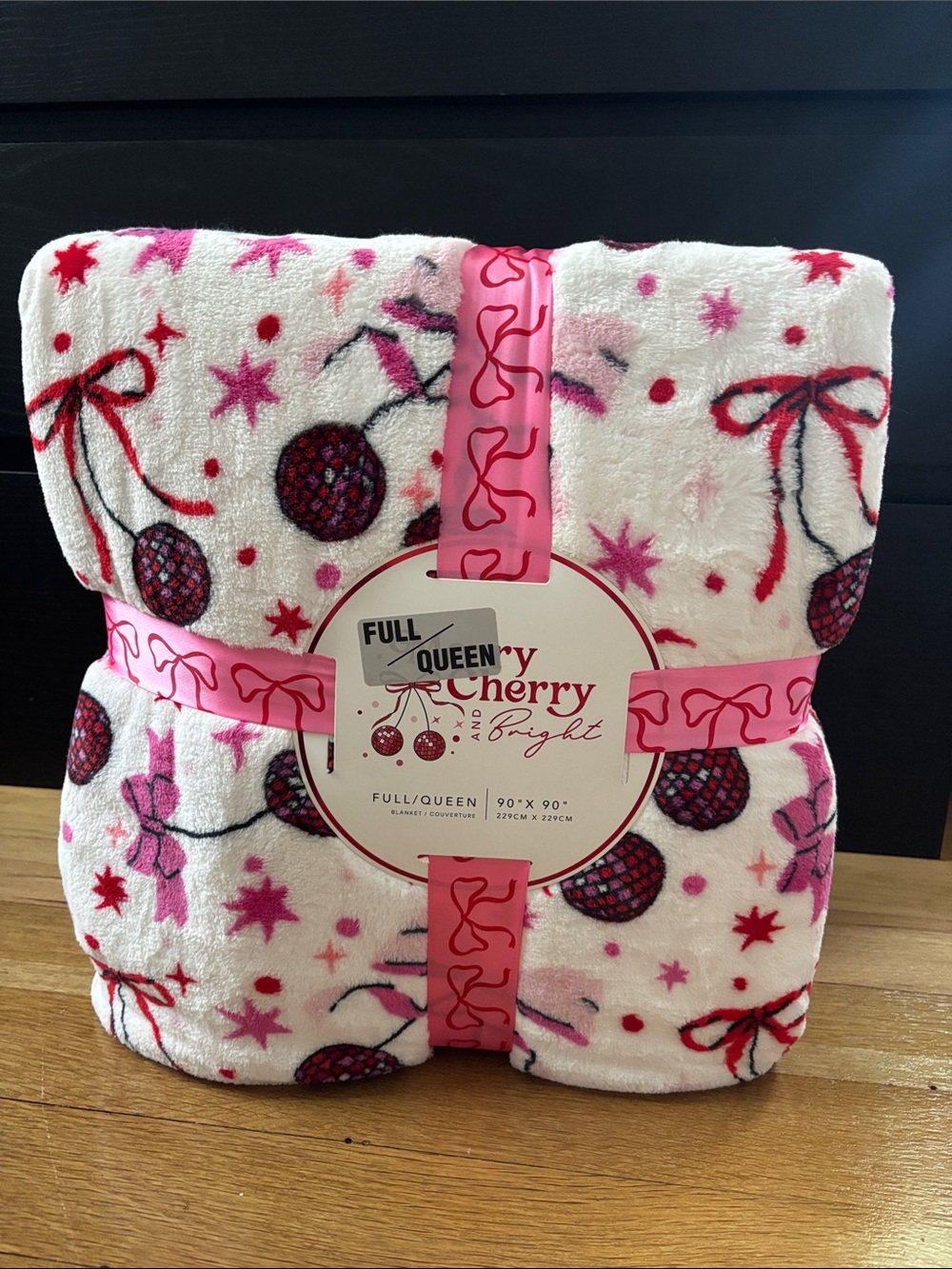 Cherry Disco Ball Pattern Plush Throw Blanket - Full/Queen - Pink & Red